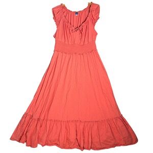 Old Navy Milk Maid Maxi Dress Size L Coral Smocked Waist Gauzy Tiered Ruffle